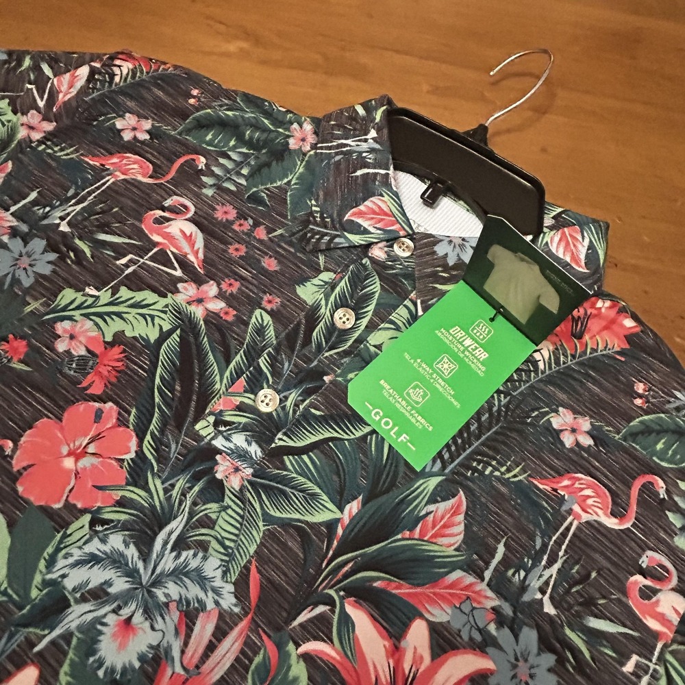 Chaps Polo Shirt Mens Medium Golf Flamingo Floral DriWear Stretch Performance